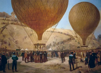 Léon Gambetta partant en montgolfière Armand-Barbes pendant le siège de Paris, de la Place Saint-Pierre à Montmartre le 7 octobre