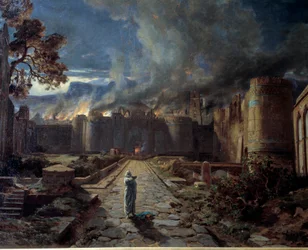 Sodome (Sodoma). La destruction de la ville par le feu. Détail. Peinture de Jules Laurens (1825-1901). Orléans, Musée des Beaux-Arts