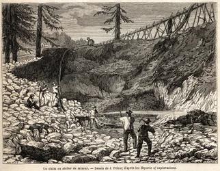 Une concession minière ou atelier en Californie, dessin de Jules Pelcoq, pour illustrer le voyage du Baron de Wogan en Californie en 1850-1852. Gravure dans « Le tour du monde, nouveau journal des voyages » Paris
