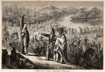 Le poteau de guerre, le baron de Wogan capturé par les Indiens de la tribu des Timpabaches