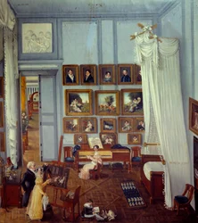 Vue intérieure de la résidence du chevalier Pradel de Saint Charles Un grand lit à baldaquin orne la pièce utilisée comme atelier. Un enfant joue et une jeune femme est devant un piano