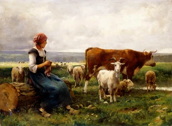 Bergère avec vaches et chèvres