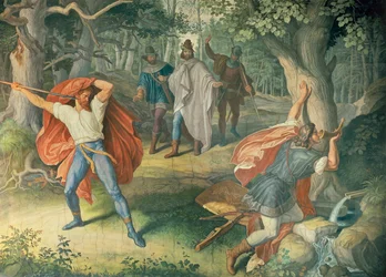 Hagen tuant Siegfried à la fontaine, salle des Nibelungen