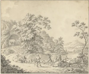 Paysage avec un petit bateau et un berger avec son troupeau