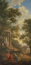 Paysage arcadien avec un temple à gauche et un vieil homme assis au premier plan