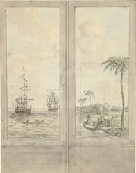 Conception pour deux panneaux de papier peint : rivière avec bateaux dans les colonies