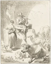 Berger jouant de la flûte et bergère filant