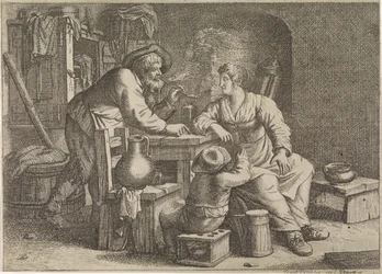 Intérieur avec un paysan fumant, une femme et un garçon