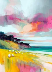 Paysage avec des moutons colorés