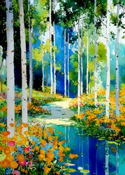 Sentier dans une forêt de bouleaux en fleurs