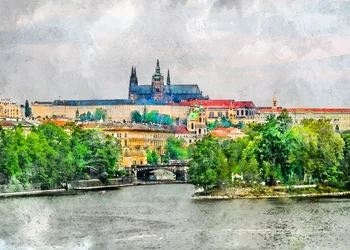 Vue historique sur la rivière à Prague