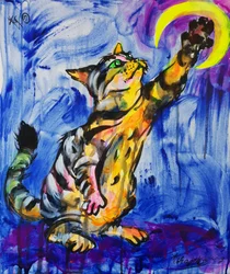Un chat coloré tendant la main vers la lune