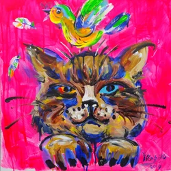 Chat coloré avec un oiseau