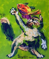 Un chat espiègle qui court après un poisson