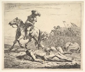Champ de bataille avec cavalier regardant par-dessus son épaule gauche vers un cadavre dépouillé