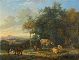 Paysage avec deux ânes, chèvres et cochons