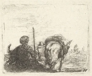 Cheval de bât, homme assis avec un bâton dans la main droite, et chien, tous vus de dos..., vers 1641-78