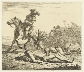 Champ de bataille avec soldat à cheval et deux morts