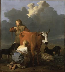 Jeune paysanne trayant une vache