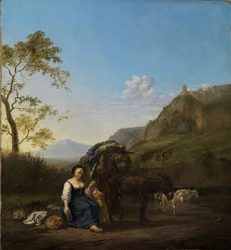Paysanne filant dans un paysage montagneux italien