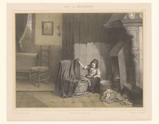 Intérieur avec une fille près du berceau