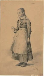 Fille en robe paysanne (recto) ; Feuille de croquis : Femmes et filles (verso)