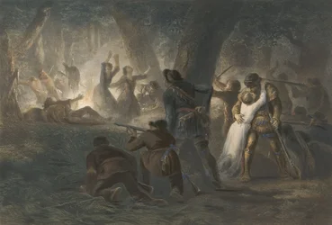 Délivrance des filles de Daniel Boone et Richard Callaway, pub. 1852 (gravure en couleur)