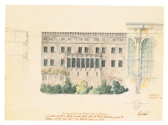 Un design pour un nouvel escalier pour la façade nord du Schloss à Stettin, avec une étude subsidiaire de la loggia, une coupe transversale de la façade et un pilastre engagé