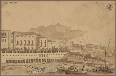 « Vue depuis le balcon de mon appartement à Palerme : le petit port de la ville, avec au loin le Monte Pelegrino [Pellegrino] »