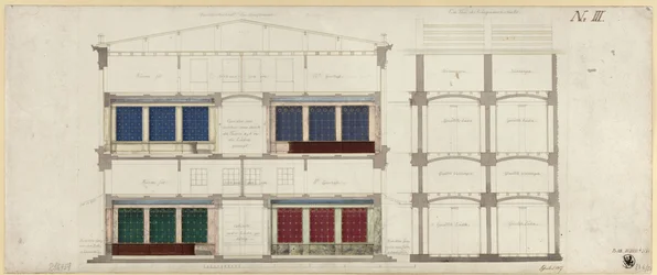 Berlin, Unter den Linden. Projet pour un grand magasin. Deux coupes