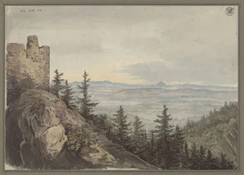 Vue depuis les ruines de Geiersburg sur la plaine de Teplitz avec le monastère de Maria Schein, les monts de Bohême à l