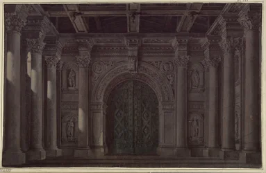La Fiancée de Messine. Tragédie de Friedrich Schiller. Projet pour le 1er et le dernier décor. Salle avec colonnes et portail