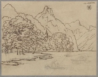 Paysage montagneux avec lac, probablement le Traunsee avec le Kleiner Sonnstein