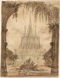Cathédrale gothique derrière un étang avec des cygnes