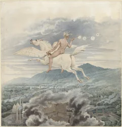 Karl Friedrich Schinkel - Figure féminine soufflant des bulles, comme allégorie de Christian Peter Wilhelm Beuth, chevauchant Pégase au-dessus d