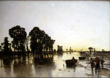 Un vaste paysage inondé avec des paysans
