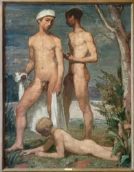 Trois jeunes gens se baignant