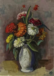 Nature morte avec bouquet de zinnias dans un vase