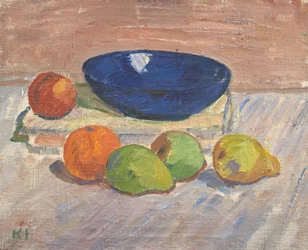 Nature morte avec bol bleu et fruits