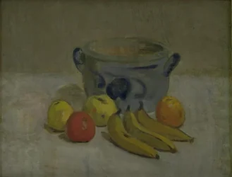 Nature morte avec pot gris, pommes et bananes