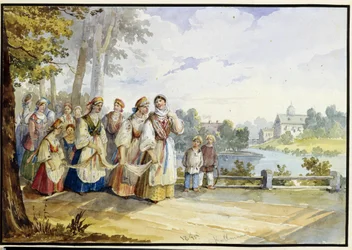 Jeunes paysannes russes en robe de fête