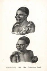 Natifs de Tasmanie, Terre de Van Diemen. Grou Aagara, homme avec scarifications sur la poitrine et cape en peau d