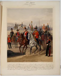 Garde impériale : 1ère division de cavalerie - Soldats de la 1ère division de cavalerie de la Garde impériale russe - Piratsky, Karl Karlovich (1813-1889) - 1867 - Lithographie en couleur - Collection privée