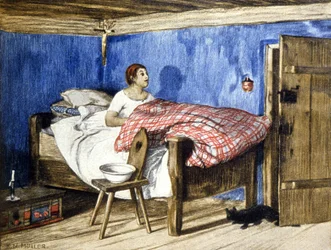 Chat rendant visite à une femme dans sa chambre, début du 20ème siècle (illustration)