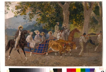 Promenade dans un attelage tiré par des bœufs, à cheval ou dans une litière