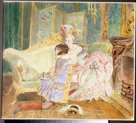 Rendez-vous : baiser entre un homme noir et une femme blanche de la noblesse russe - Illustration pour le roman « Le Negre de Pierre le Grand » d