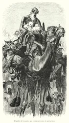 Gardien de chats voyageant avec une caravane de pèlerins (lithographie)
