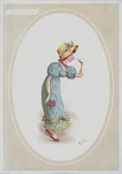 Fille en robe bleue, avec un bonnet de paille, tenant une rose