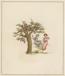 Illustration de Kate Greenaway pour Le Joueur de Flûte de Hamelin par Robert Browning (lithographie en couleur)