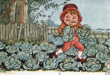 Un gnome vole des choux dans un potager. Illustration de Kate Greenaway (1846-1901) tirée du livre de contes et comptines pour enfants «Under The Window» (1879), édité par Edmund Evans.